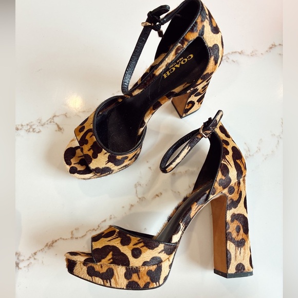 Coach leopard print horse hair platform ankle strap heels size 7.5 - Picture 1 of 4